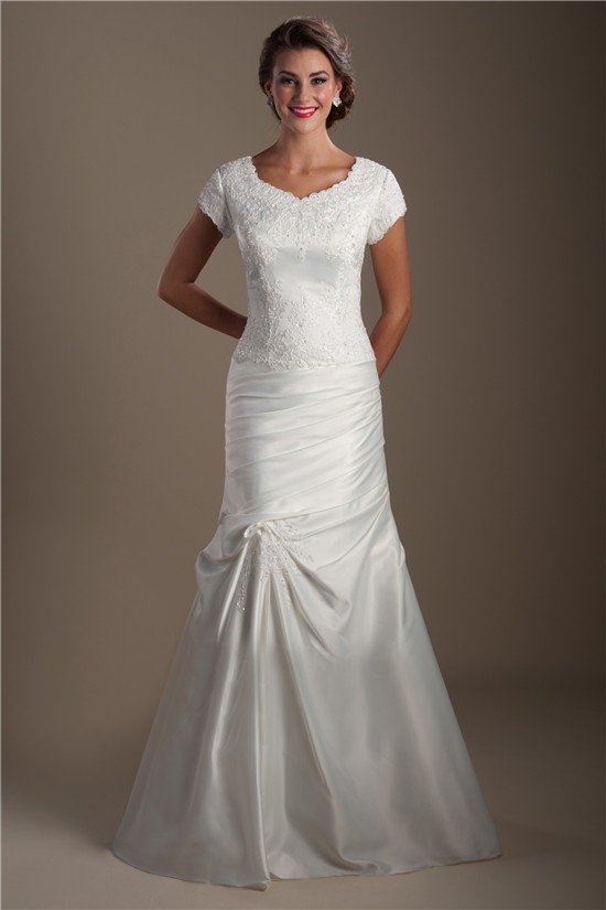 Modest Mermaid Taffeta Ruched Applique Wedding Dress With Sleeves