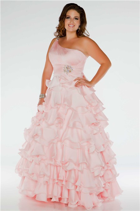 Pretty Ball Gown One Shoulder Long Blush Pink Silk Ruffles Plus Size Prom Dress 