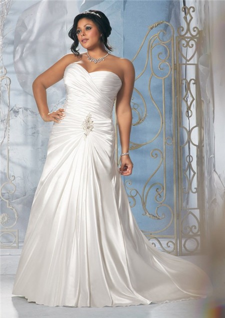 Princess A Line Strapless Sweetheart Ruched Satin Plus Size Wedding Dress Corset Back