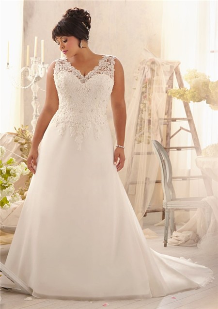 Princess A Line V Neck Organza Lace Plus Size Wedding Dress Corset Back With Straps