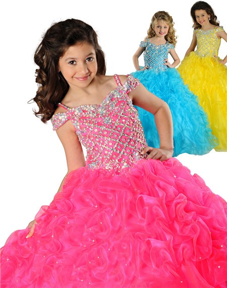 Puffy Ball Gown Hot Pink Organza Beaded Little Girls Party Prom Dress With Straps