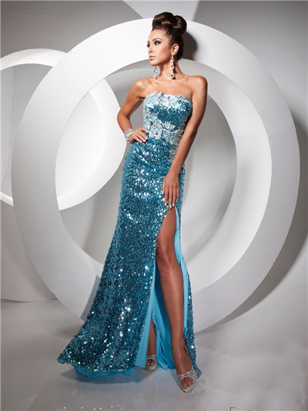Royal Sheath Strapless Long Blue Sequin Prom Dress With Slit Beading Rhinestones