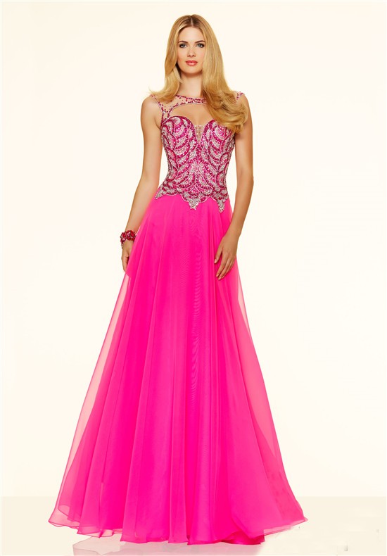 Sexy A Line Cut Out Backless Long Hot Pink Chiffon Beaded Prom Dress