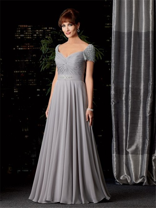 Sexy A line V neck long silver chiffon mother of the bride dress