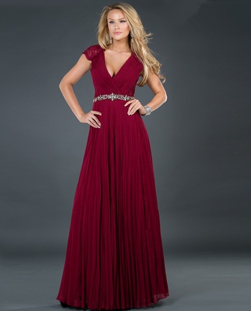 Sexy A line v neck long burgundy beading chiffon evening dress with lace