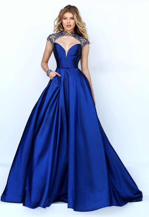 Sexy Cut Out Open Back Royal Blue Satin Beaded Prom Dress With Collar