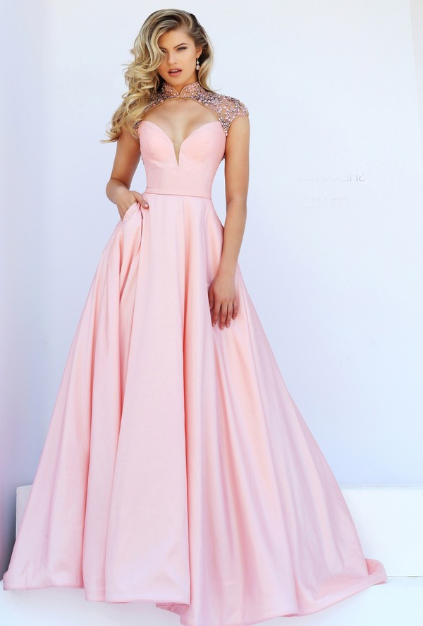 Sexy Front Cut Out Open Back Light Pink Satin Beaded Prom Dress With Collar