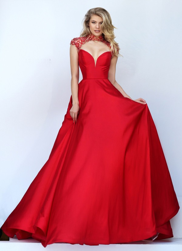 Sexy Front Cut Out Open Back Red Satin Beaded Prom Dress Cap Sleeves