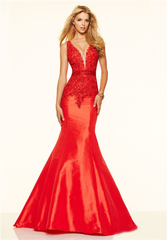 Sexy Mermaid Deep V Neck Low Back Red Taffeta Lace Beaded Prom Dress