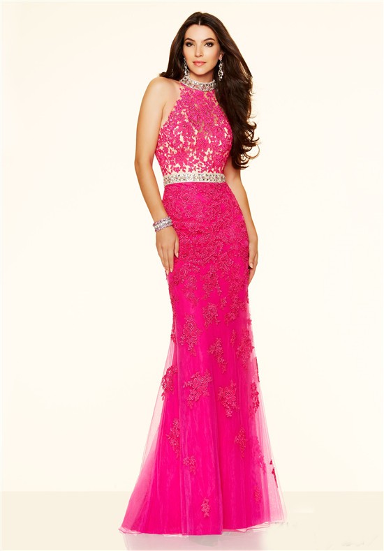Sexy Mermaid High Neck Backless Long Hot Pink Lace Prom Dress