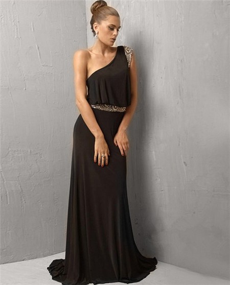 Sexy One Shoulder Floor Length Black Chiffon Beaded Evening Wear Dress