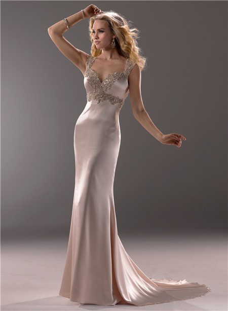 Sexy Sheath Sweetheart Champagne Colored Satin Beaded Wedding Dress Open Back