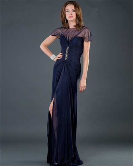 Sexy Sheer Long Navy Blue Chiffon Slit Evening Dress With Sleeves Low Back