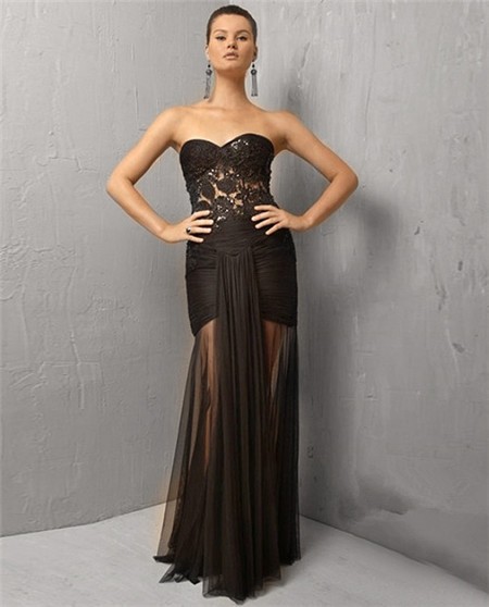 Sexy Sheer Mermaid Strapless Long Black Lace Tulle Evening Wear Dress
