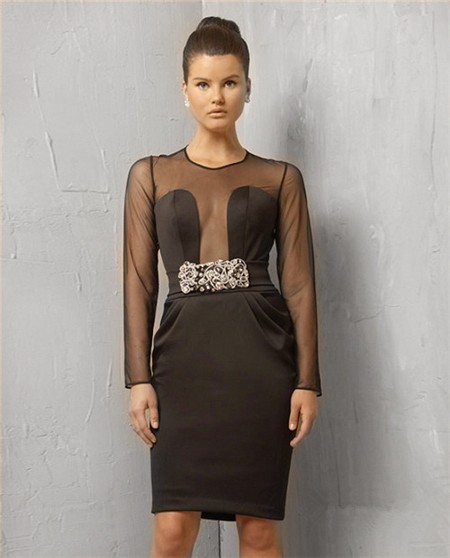 Sexy Sheer Scoop Short Black Tulle Evening Wear Dress With Long Sleeve
