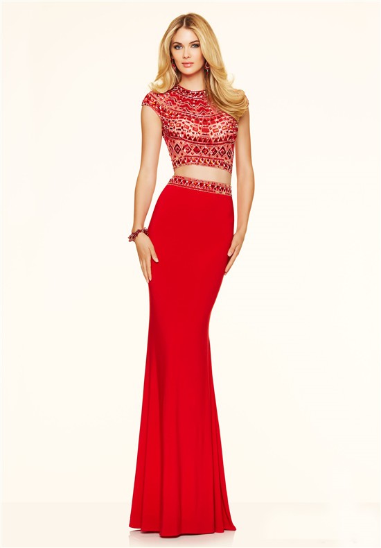Sexy Slim Two Piece Open Back Cap Sleeve Red Chiffon Beaded Prom Dress