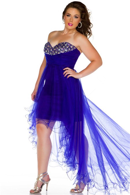 Sexy Sweetheart High Low Royal Blue Tulle Beaded Prom Dress Plus Size