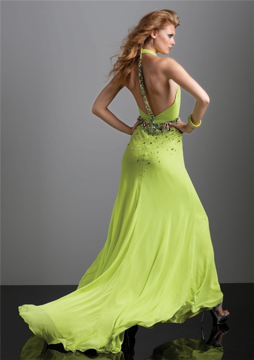 Sexy halter v neck backless long lime green chiffon prom dress with train and beading