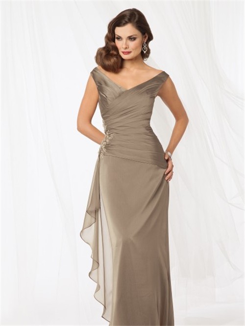 Sexy sheath v neck floor length brown chiffon mother of the bride dress