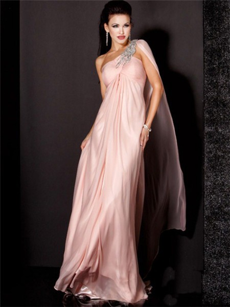 Sheath One Shoulder Empire Waist Long Light Pink Chiffon Beading Evening Dress With Shawl