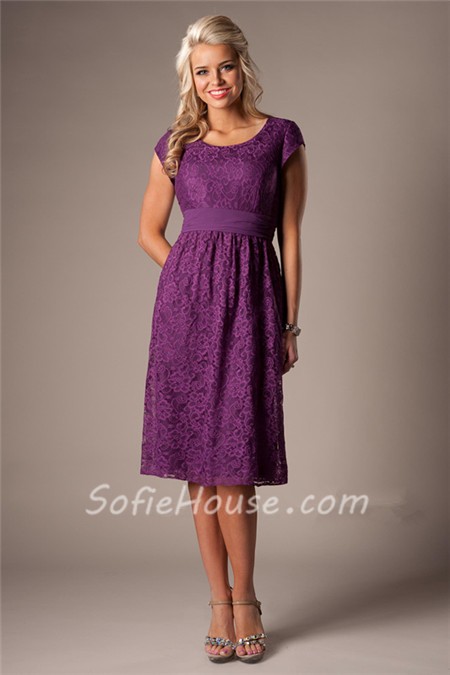 Sheath Scoop Neck Sleeved Short Purple Lace Party Bridesmaid Dress With Sash