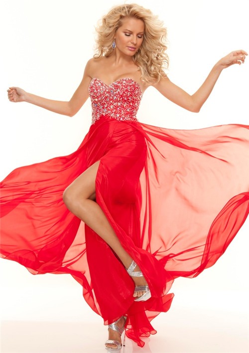 Sheath sweetheart floor length red chiffon beaded prom dress