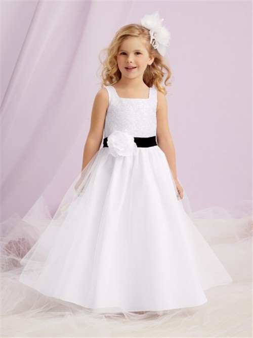 Simple A-line Princess White Tulle Designer Flower Girl Dress With Black Sash