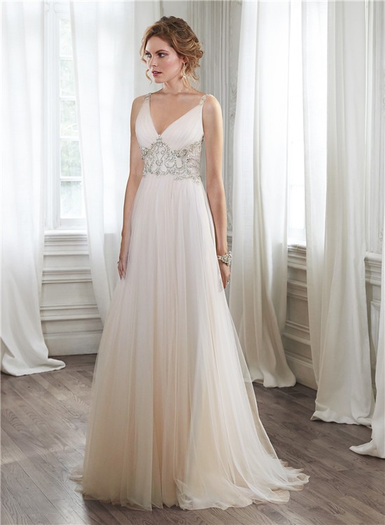 Stunning A Line V Neck Sheer Back Tulle Crystal Beaded Wedding Dress