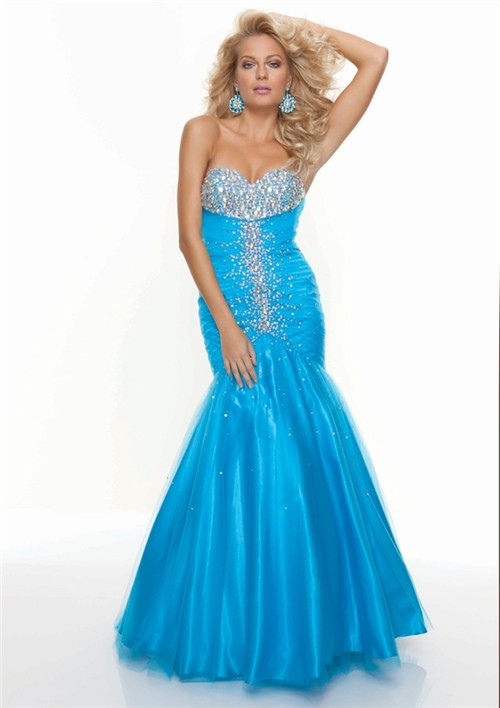 Trumpet/Mermaid sweetheart long blue tulle beaded prom dress with train