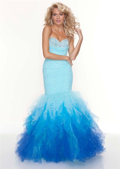 Trumpet/Mermaid sweetheart long multi color prom dress with beaded and ruffles