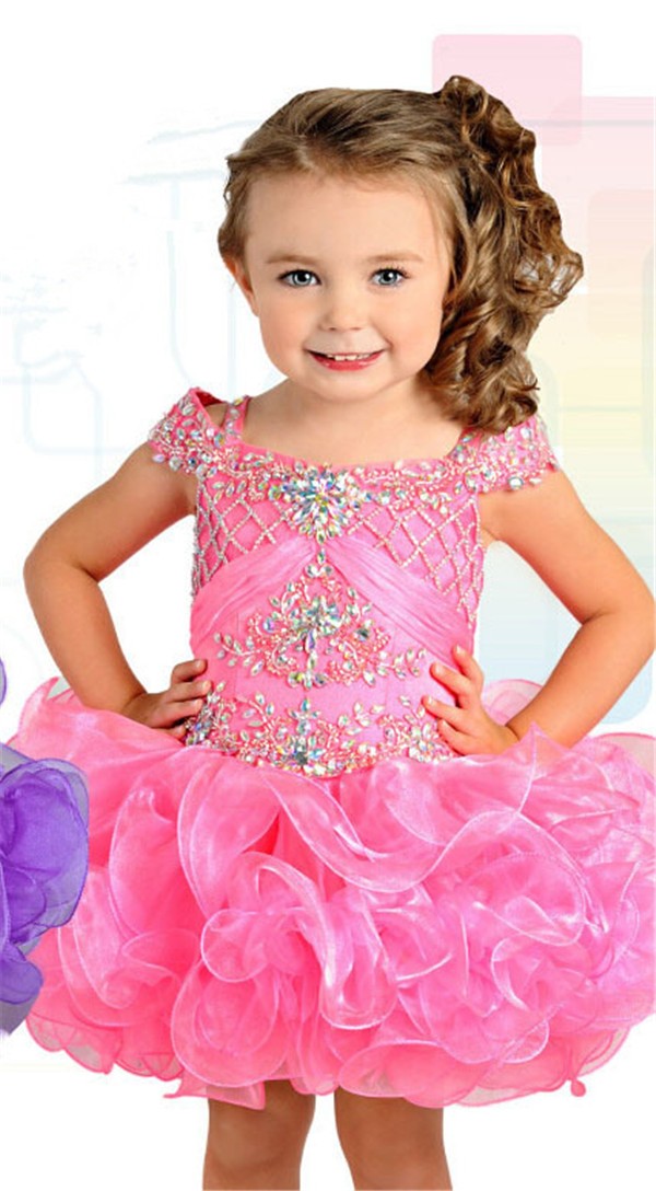 Tutu Short Hot Pink Organza Ruffle Beaded Toddle Girl Pageant Prom Dress
