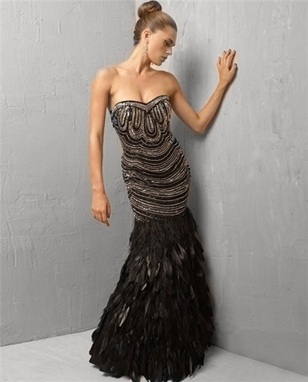 Unique Gorgeous Mermaid Strapless Long Black Feather Beading Evening Wear Dress