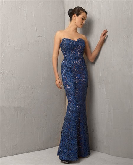 Vintage Mermaid Sweetheart Long Royal Blue Lace Evening Wear Dress