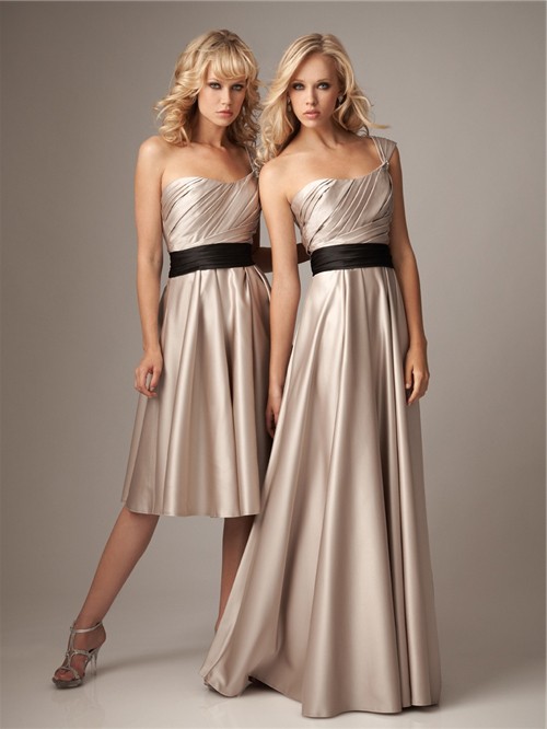 A line one shoulder champagne silk satin bridesmaid dress with black sash