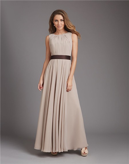 A Line Scoop Neck Open Back Long Grey Chiffon Wedding Guest Bridesmaid Dress With Sash