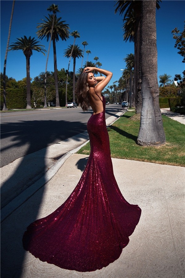 Backless Mermaid Evening Prom Dress Burgundy Sequin With Long Train spaghetti Straps