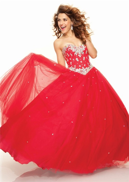 Ball Gown sweetheart floor length red tulle prom dress with beading