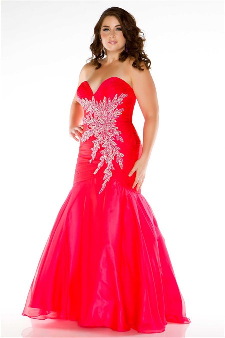 Fabulous Mermaid Sweetheart Long Red Tulle Beading Plus Size Party Prom Dress