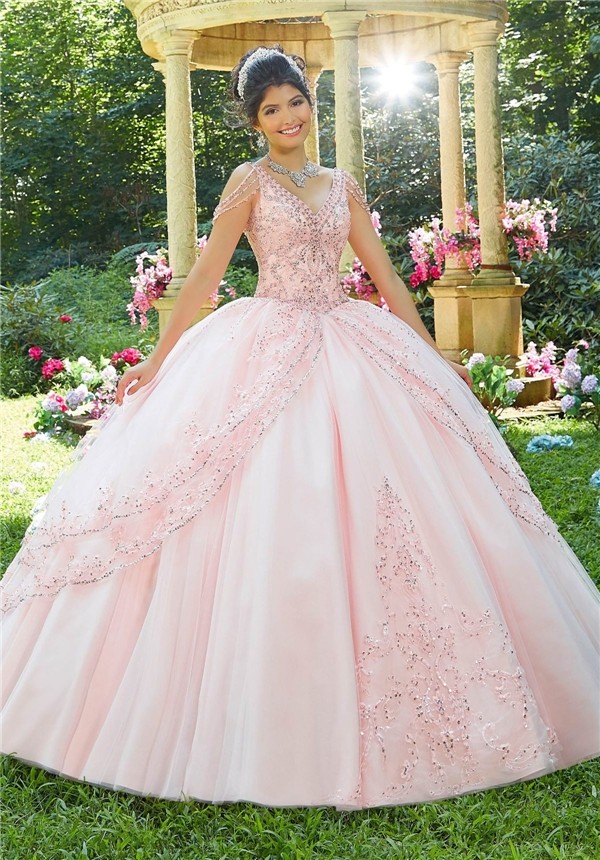Fantastic Ball Gown Prom Dress Light Pink Tulle Lace Beaded Quinceanera Dress V Neck