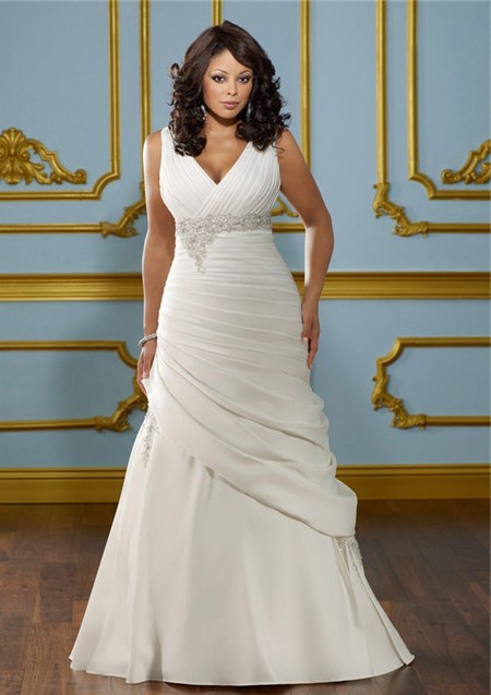 Fitted A Line V Neck Empire Waist Ruched Satin Plus Size Wedding Dress Corset Back