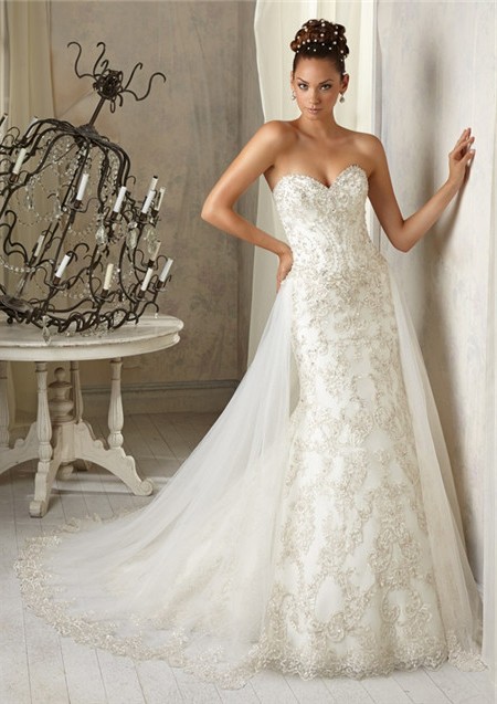 Gorgeous Vintage Mermaid Sweetheart Tulle Lace Beaded Wedding Dress With Detachable Train