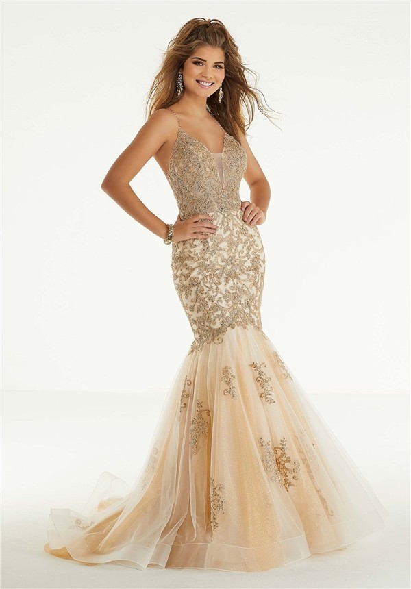Mermaid Backless Champagne Tulle Lace Prom Dress Criss Cross