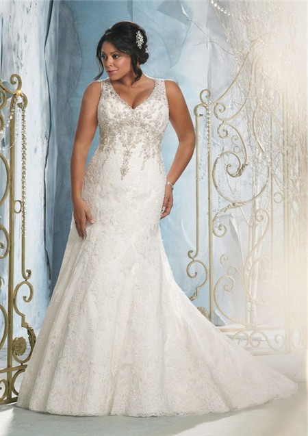 Sexy Mermaid V Neck Lace Beaded Plus Size Wedding Dress With Crystals