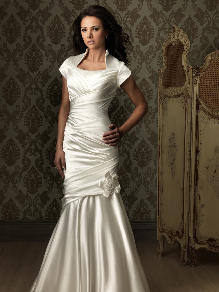 Trumpet Mermaid cap sleeve silk satin ruched modest wedding dress with collar