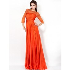 A Line Bateau Long Orange Chiffon Ruched Evening Prom Dress With Sleeves