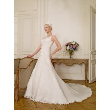 A Line Boat Illusion Neckline Tulle Lace Applique Beaded Wedding Dress With Buttons