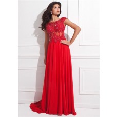 A Line Cap Sleeve Open Back Red Chiffon Lace Beaded Long Prom Dress 