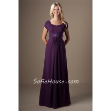 A Line Grape Purple Chiffon Beaded Long Modest Bridesmaid Dress With Sleeves
