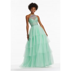A Line Halter Long Mint Green Tulle Tiered Prom Dress With Beading