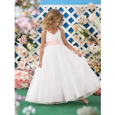 A Line Halter White Organza Wedding Flower Girl Dress With Pink Sash Flowers